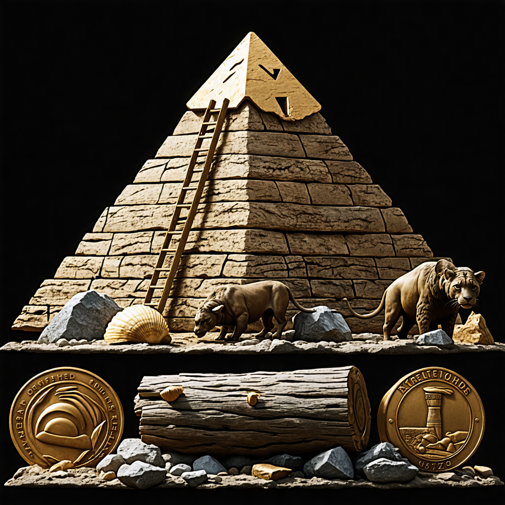 pyramid, ladder, panther, medal, rock, magnifying glass, log, tornado, seashell, buffalo